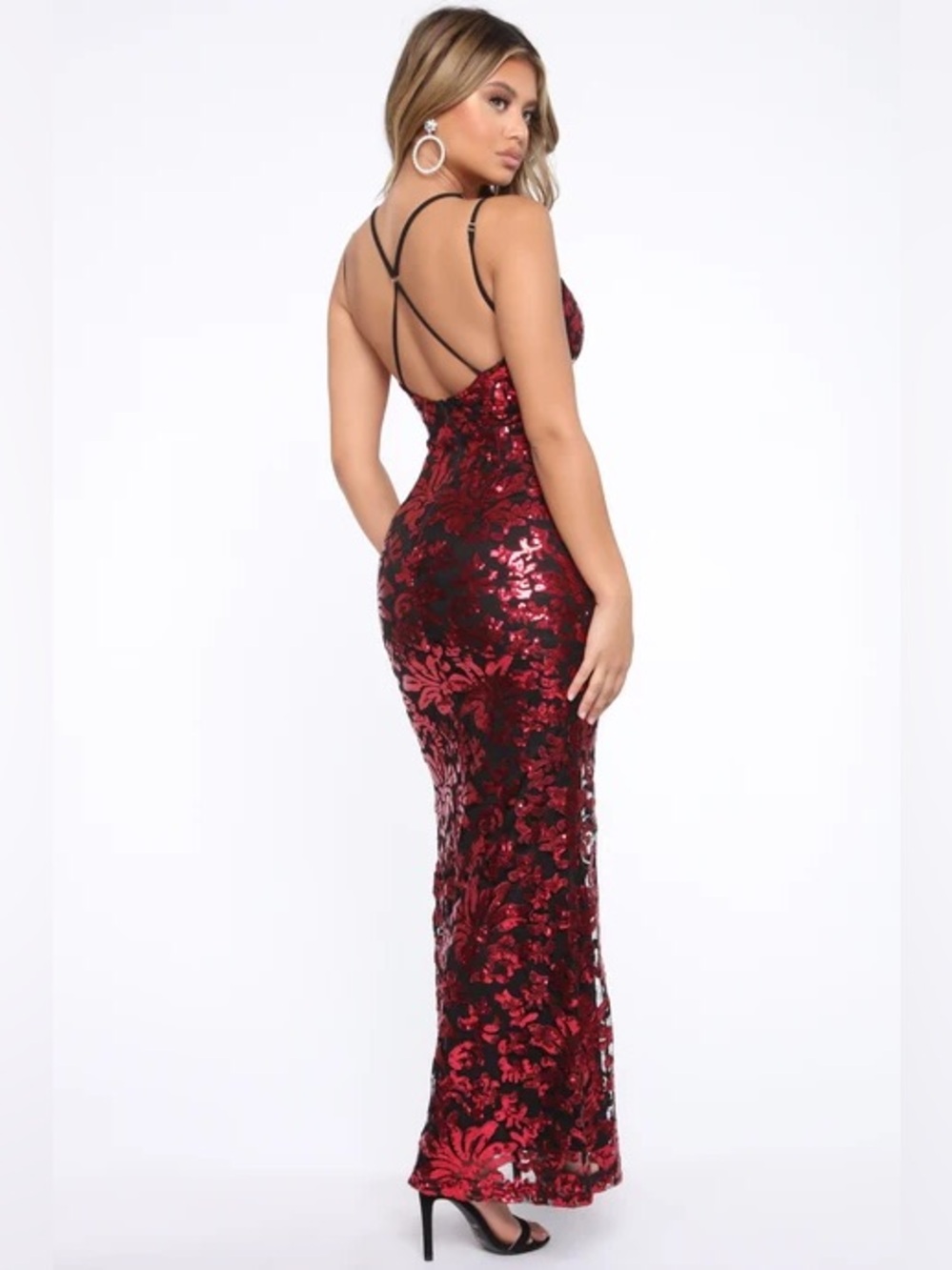 FashionNova Red Black Sequin Floral Maxi Dress Open Back Formal Evening MEDIUM - Picture 2 of 5